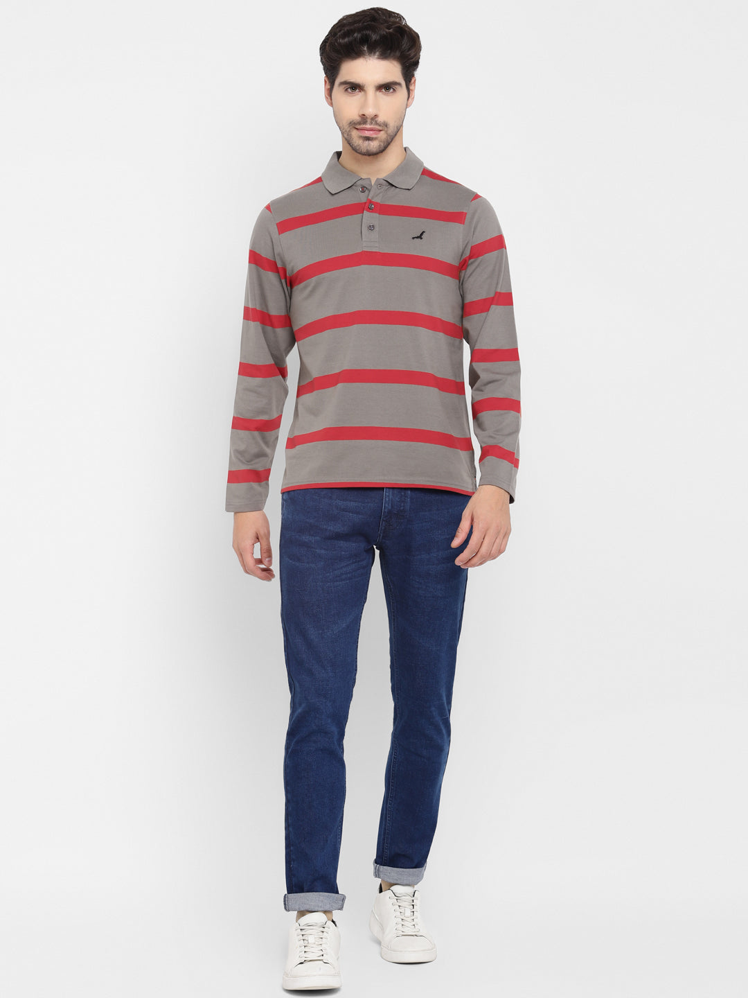 Men's Polo Collar Full Sleeves Yarn Dyed Striped T-Shirt - Grey / Red