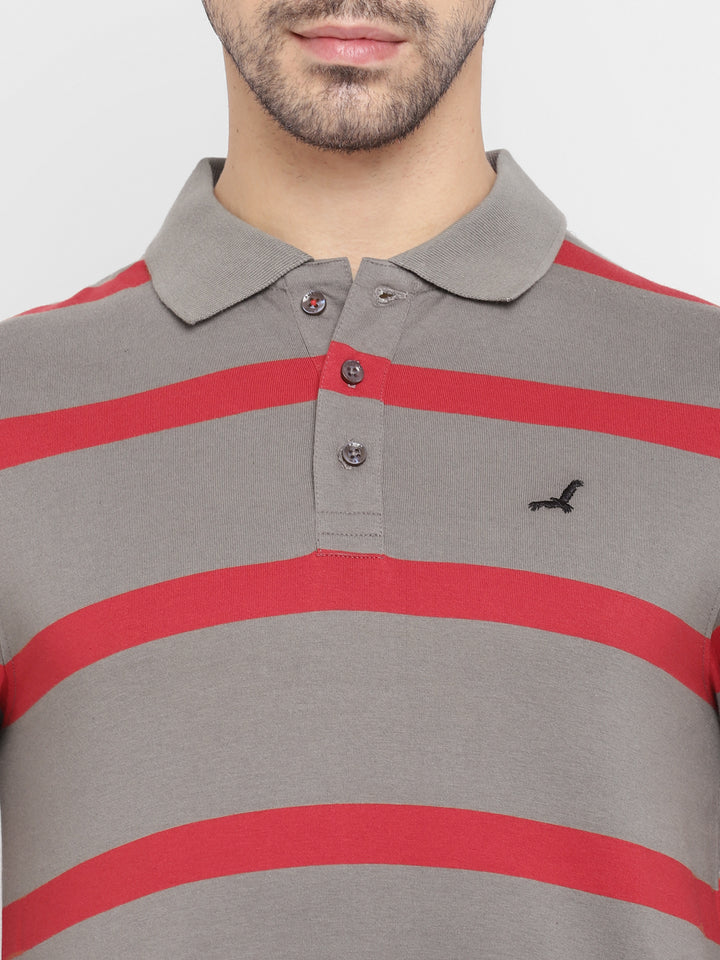Men's Polo Collar Full Sleeves Yarn Dyed Striped T-Shirt - Grey / Red
