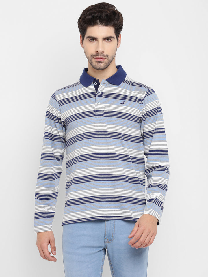 Men's Polo Collar Full Sleeves Yarn Dyed Striped T-Shirt - Navy / Blue / White