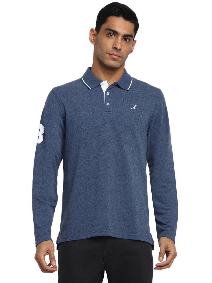 Full Sleeves Polo Collar T-Shirt for Men - Blue Melange