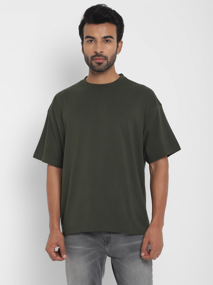 100% Cotton Oversize Round Neck T-Shirt - Dark Olive