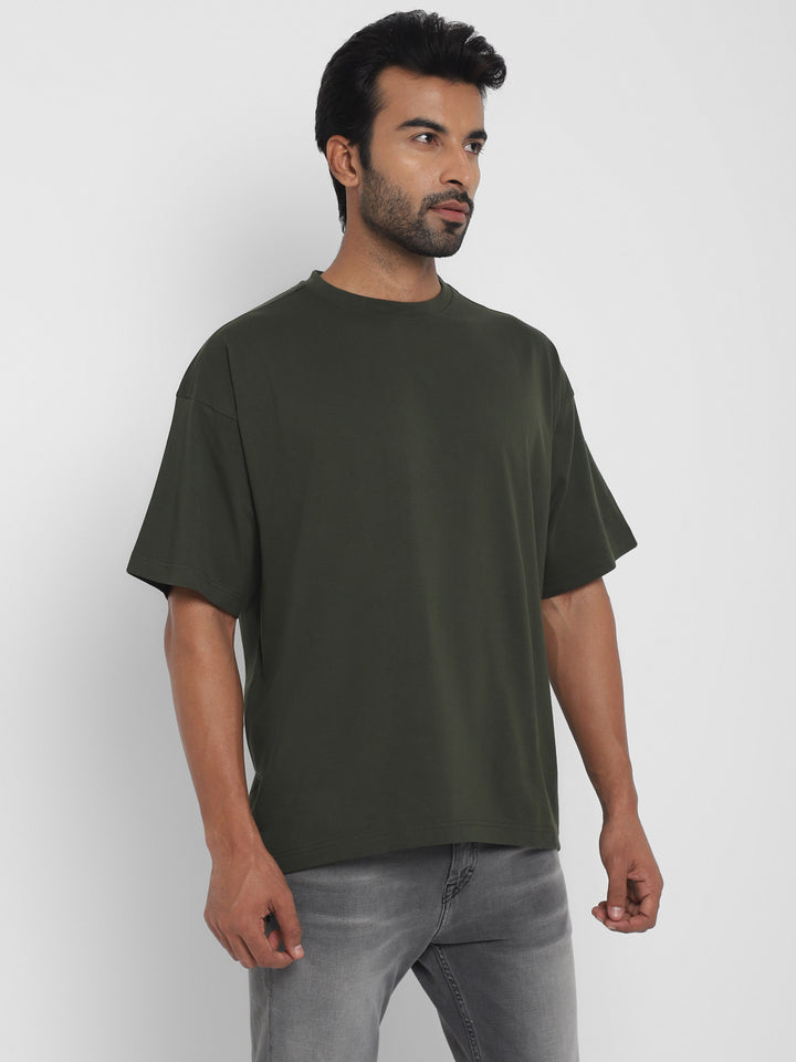 100% Cotton Oversize Round Neck T-Shirt - Dark Olive