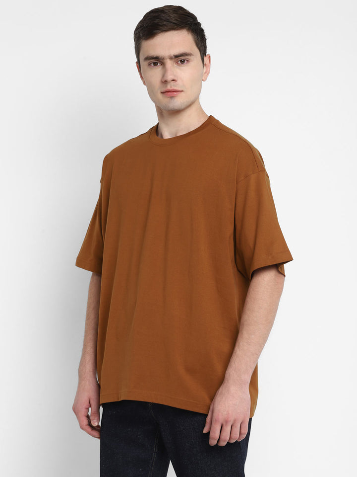 100% Cotton Oversize Round Neck T-Shirt - Caramel Cafe
