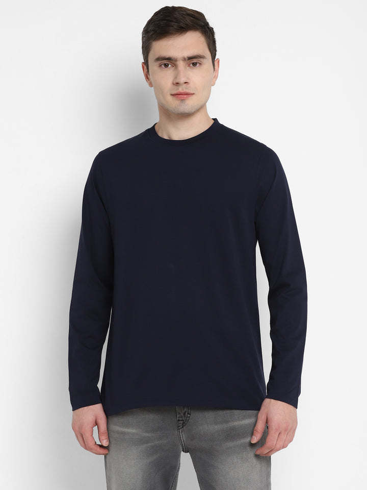 Supima Cotton Round Neck Full Sleeves T-Shirt for Men - Navy Blue