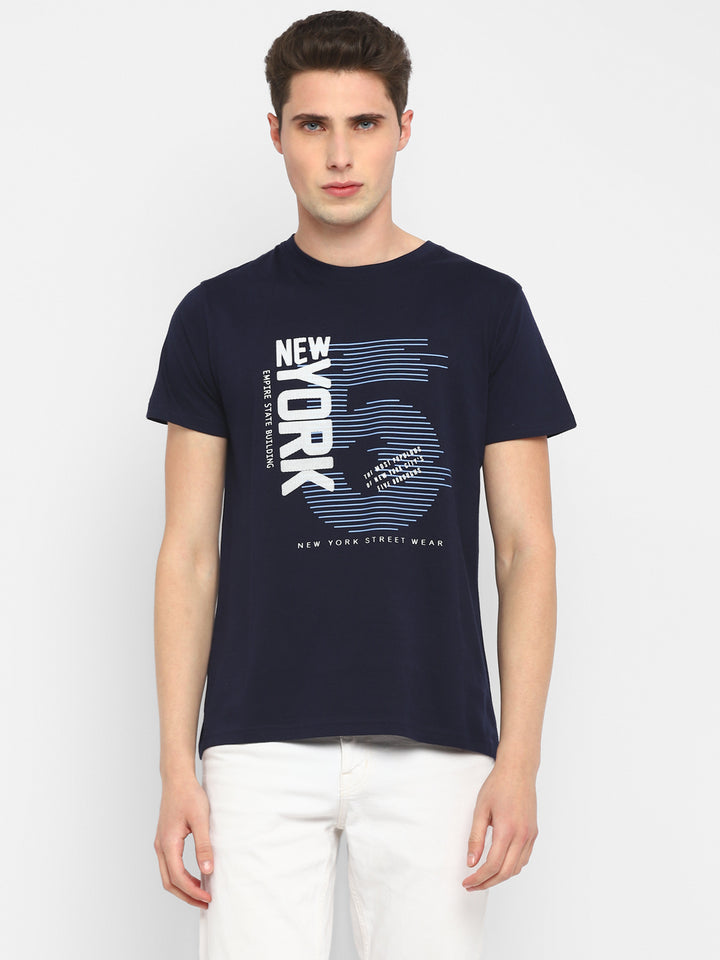 100% Cotton Printed Round Neck T-Shirt for Men - Navy