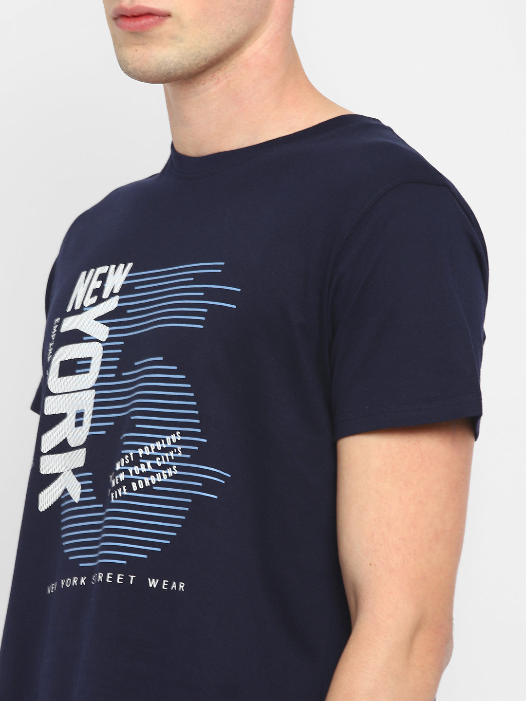 100% Cotton Printed Round Neck T-Shirt for Men - Navy