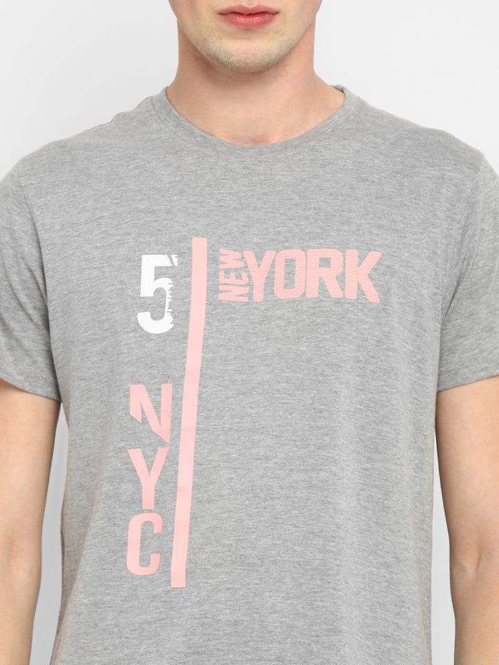Printed Round Neck T-Shirt for Men - Grey Melange