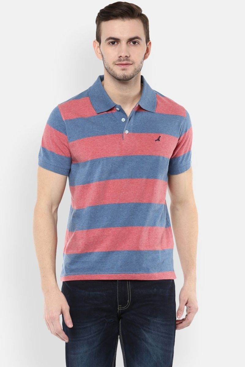 100% Cotton Men's Polo Collar T-Shirt - Blue & Brick Red Melange