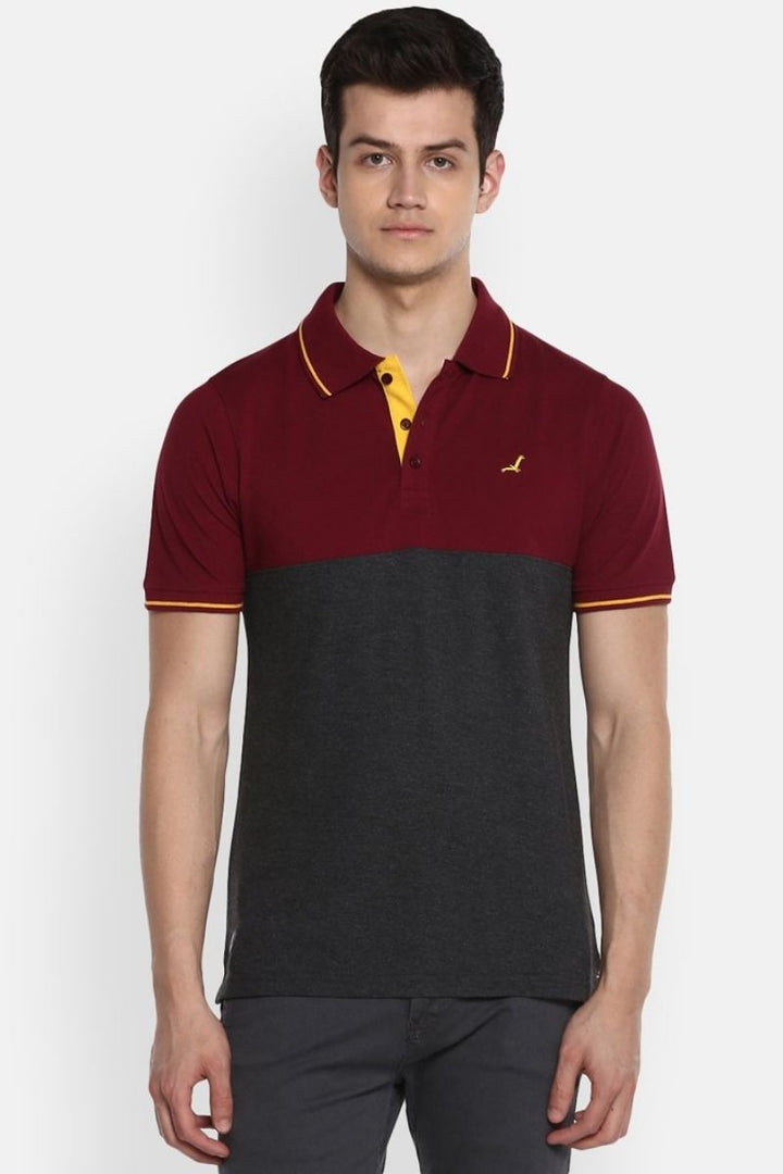 Men's Polo Collar T-Shirt - Burgundy & Charcoal Melange