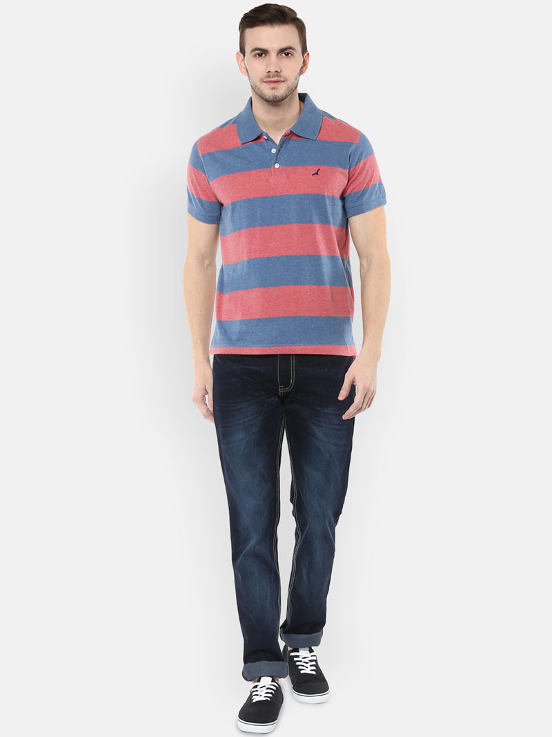100% Cotton Men's Polo Collar T-Shirt - Blue & Brick Red Melange