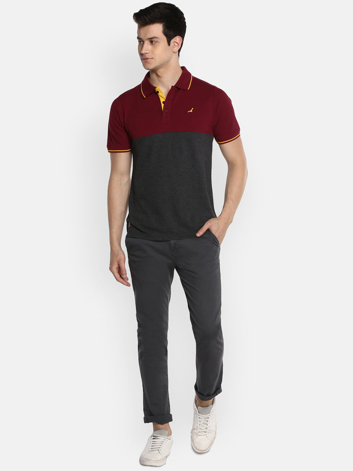 Men's Polo Collar T-Shirt - Burgundy & Charcoal Melange