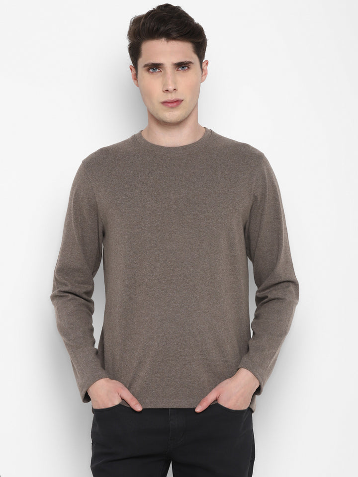 Extra Thick Winter Round Neck Cotton T-Shirt For Men - Brown Melange
