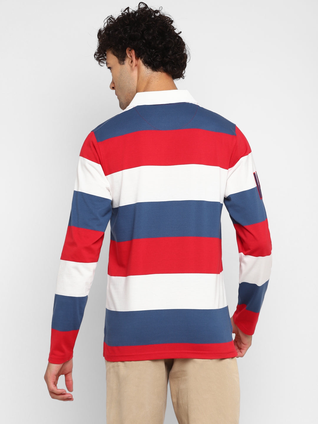 Full Sleeves Striped Polo T-Shirt for Men - White, Red & Navy