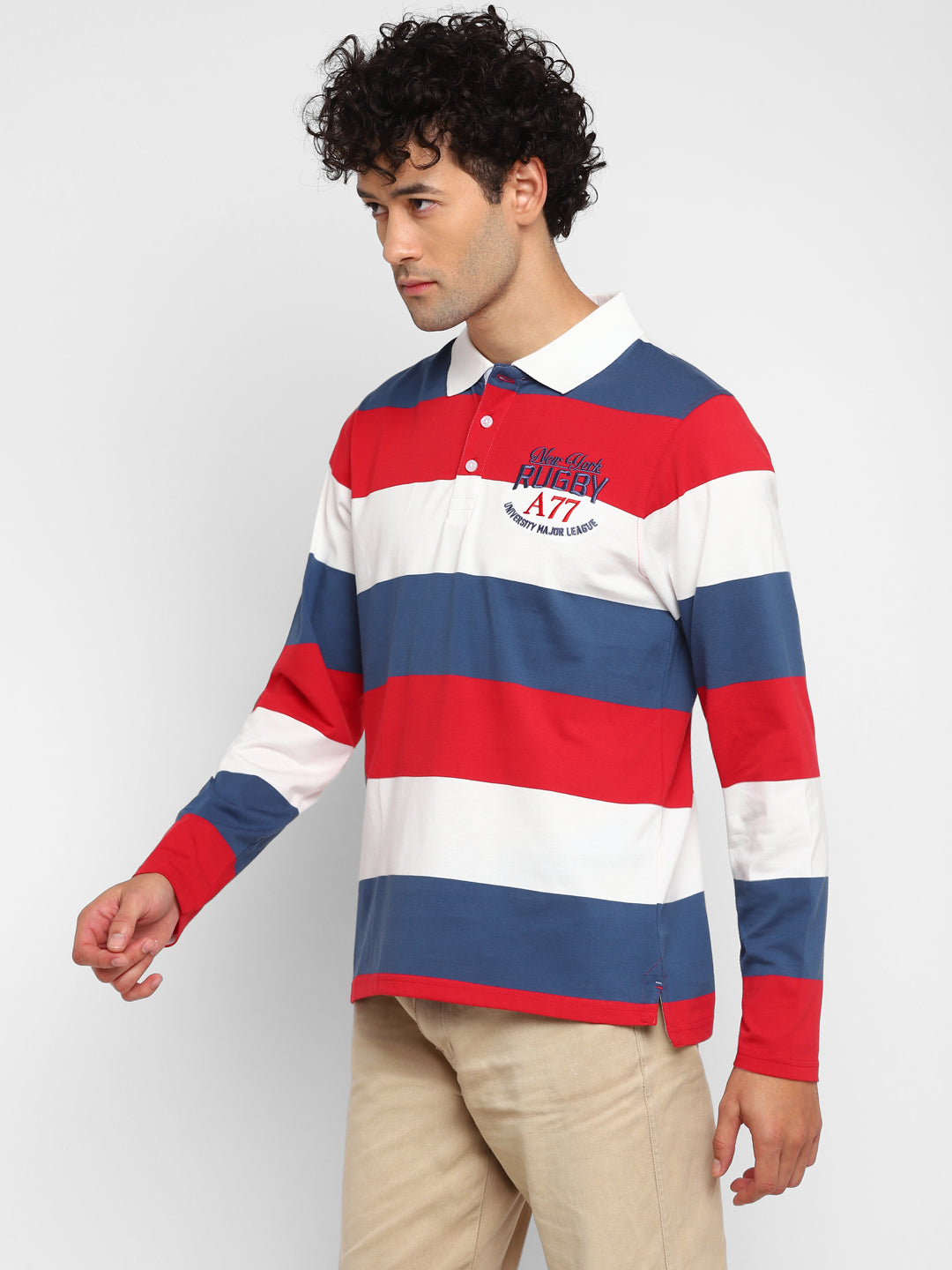 Full Sleeves Striped Polo T-Shirt for Men - White, Red & Navy