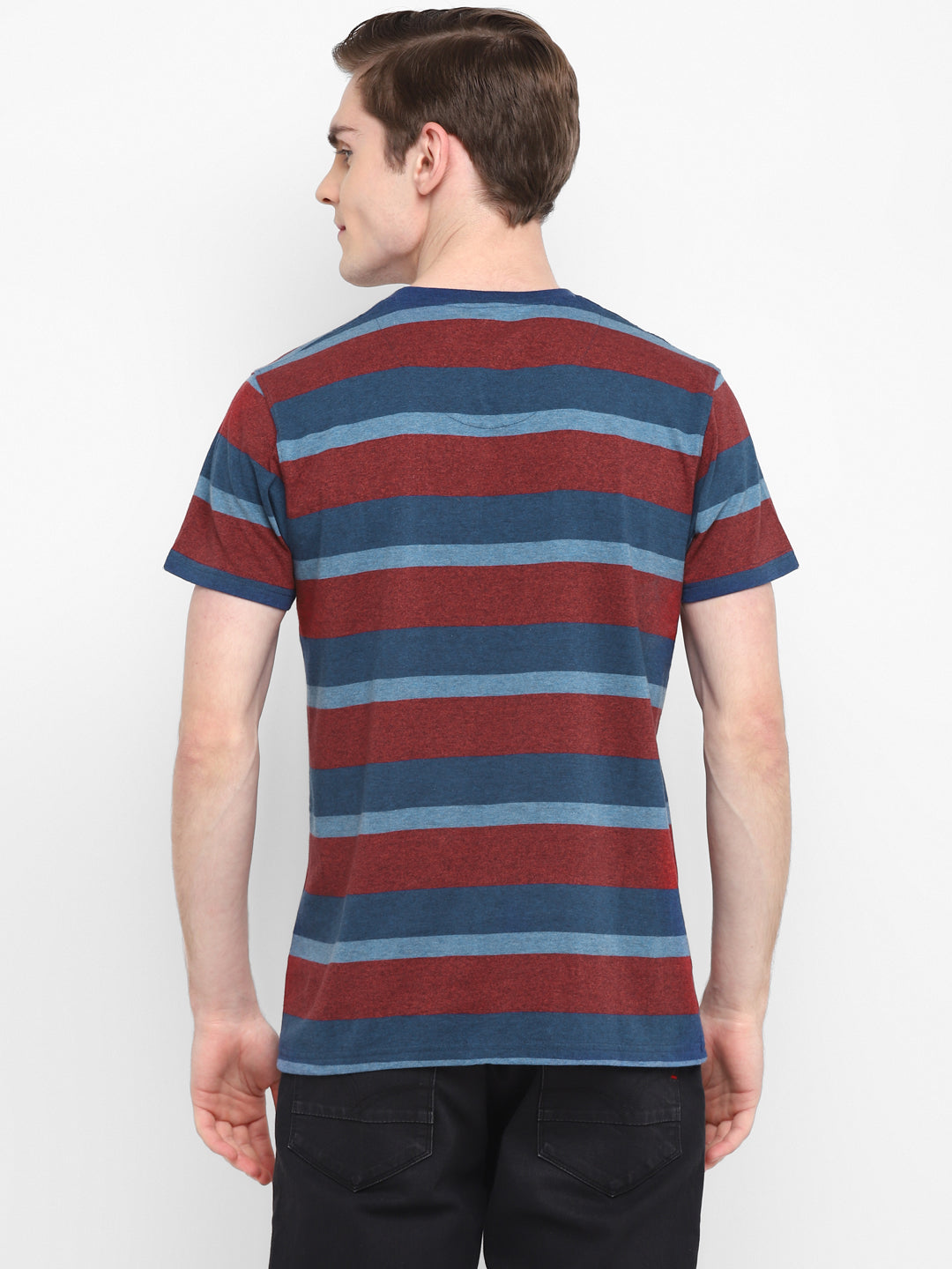 Premium Basics - 100% Cotton Striped V Neck T-Shirt For Men - Blue & Red