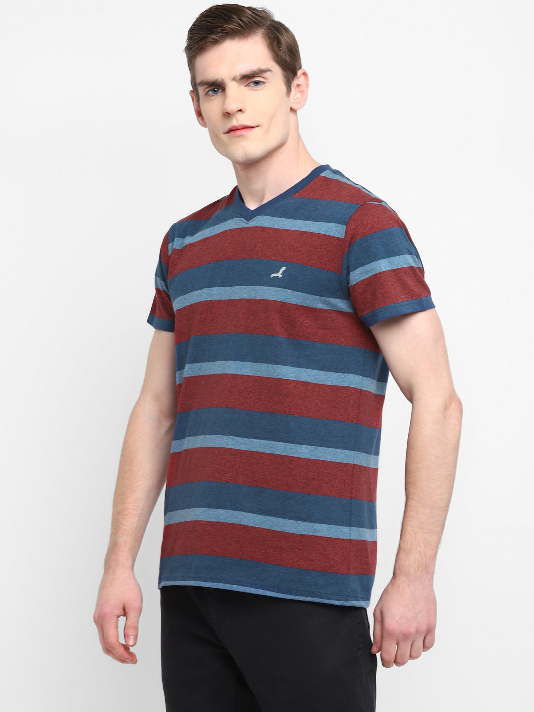 Premium Basics - 100% Cotton Striped V Neck T-Shirt For Men - Blue & Red