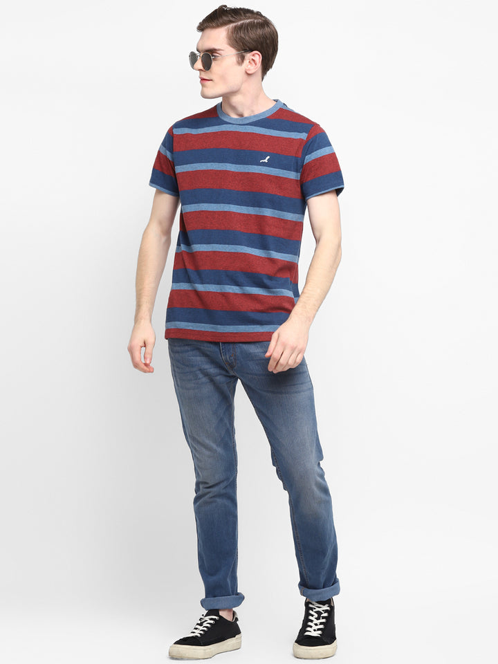 Premium Basics - 100% Cotton Striped Round Neck T-Shirt For Men - Blue & Red