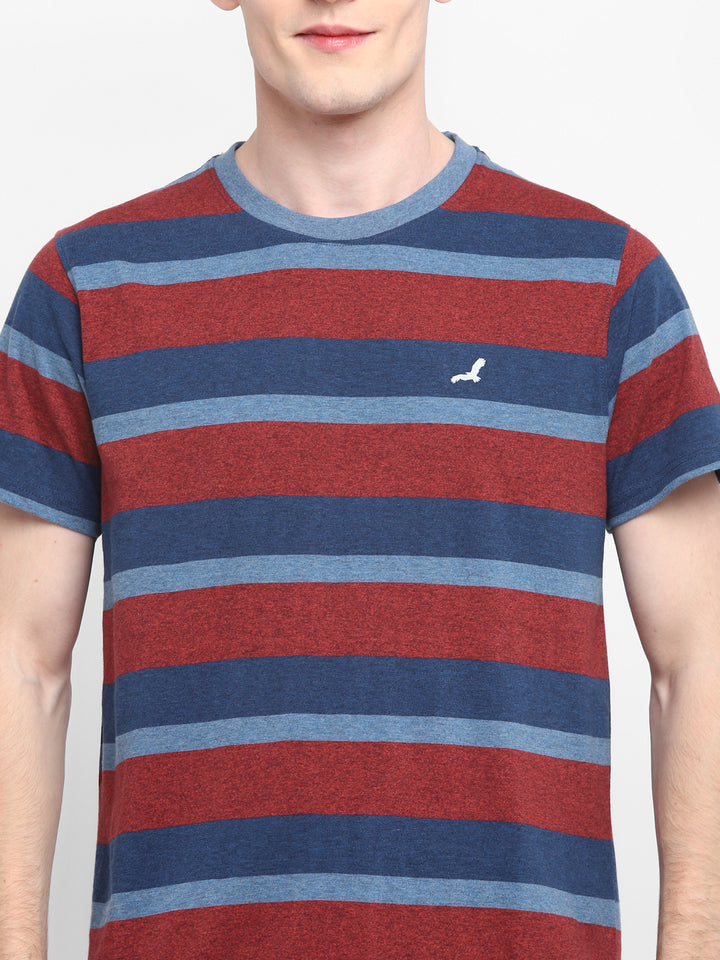 Premium Basics - 100% Cotton Striped Round Neck T-Shirt For Men - Blue & Red