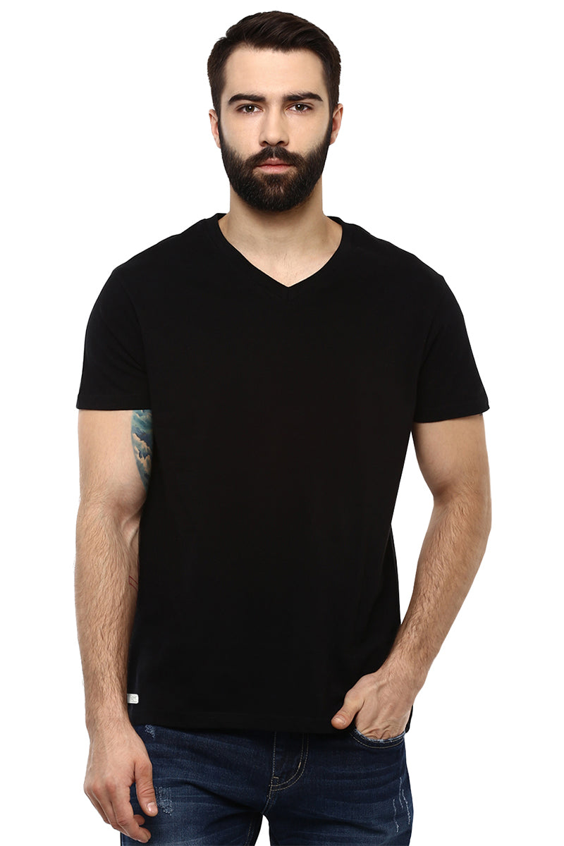 Men's V Neck Half Sleeves Pack of 4 T-Shirts - Black, Navy, White & Grey Melange