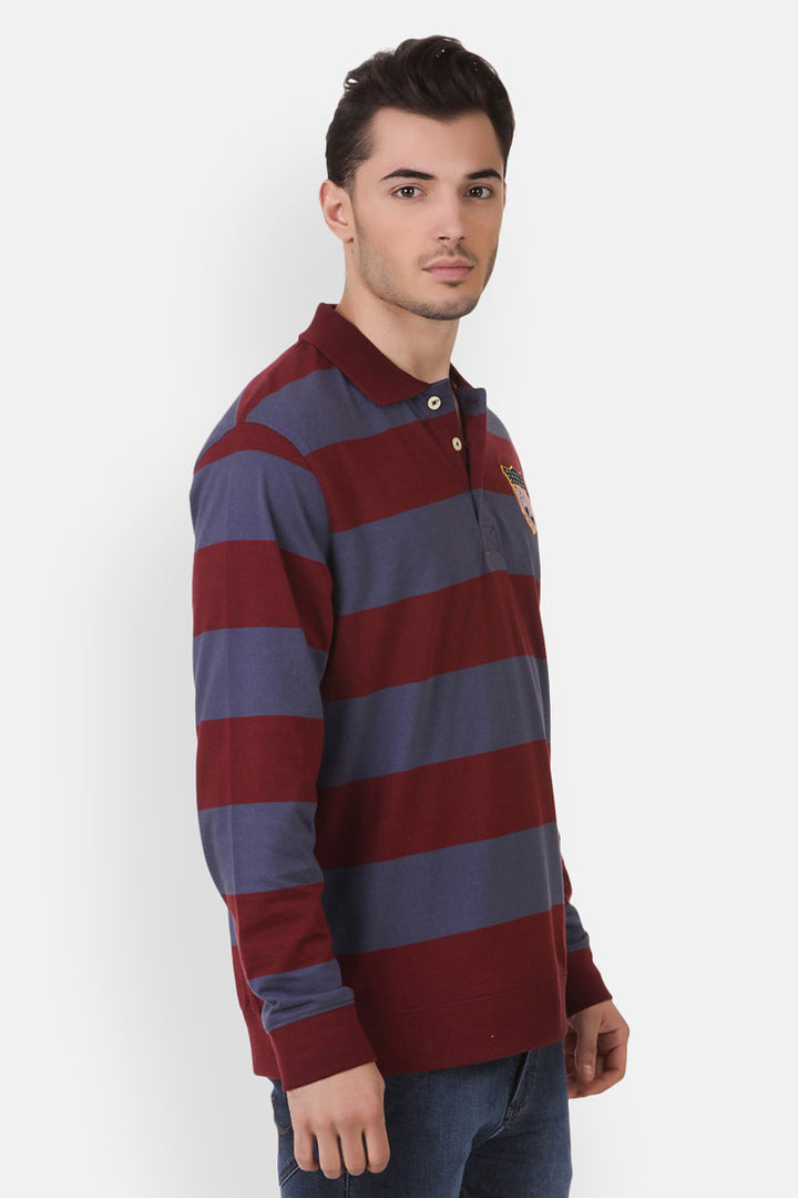 Men's Full Sleeves Rugby Polo Yarn Dyed Striped T-Shirt