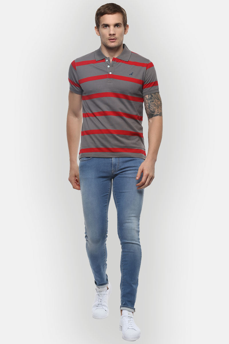 Men's Polo Collar Yarn Dyed Striped T-Shirt - Grey & Red