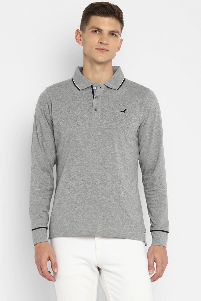Polo Collar Full Sleeves T-Shirt for Men Grey Melange
