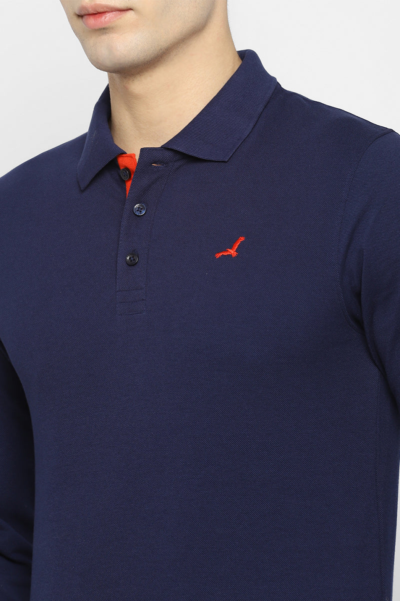 Men's Polo Collar Full Sleeves T-Shirt - Navy Blue