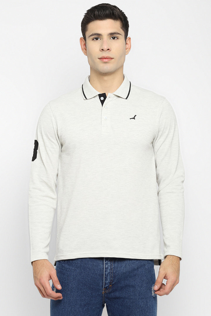 Men's Polo Collar Full Sleeves T-Shirt - Oatmeal Melange