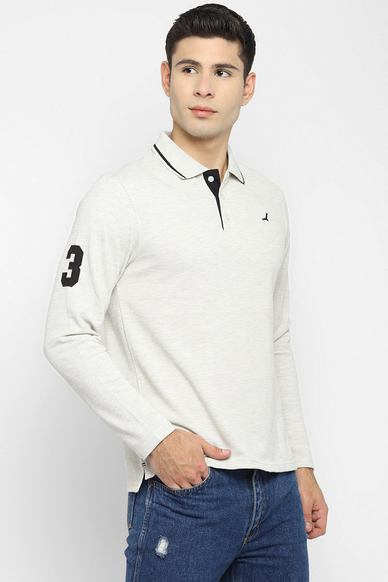 Men's Polo Collar Full Sleeves T-Shirt - Oatmeal Melange