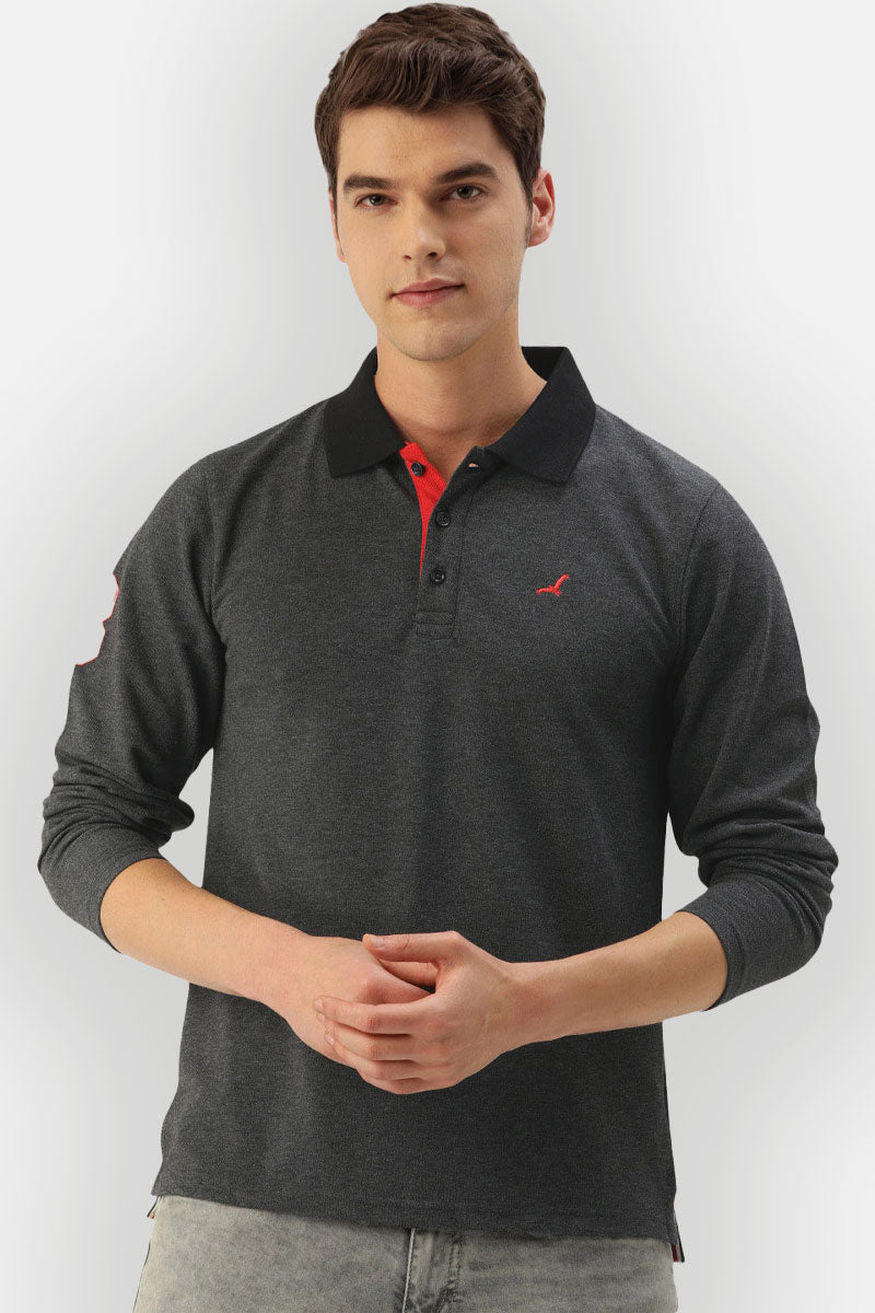 Men's Polo Collar Full Sleeves T-Shirt - Charcoal Melange