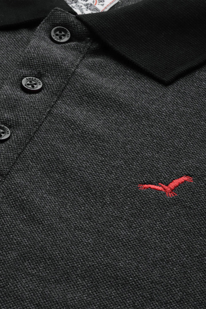 Men's Polo Collar Full Sleeves T-Shirt - Charcoal Melange