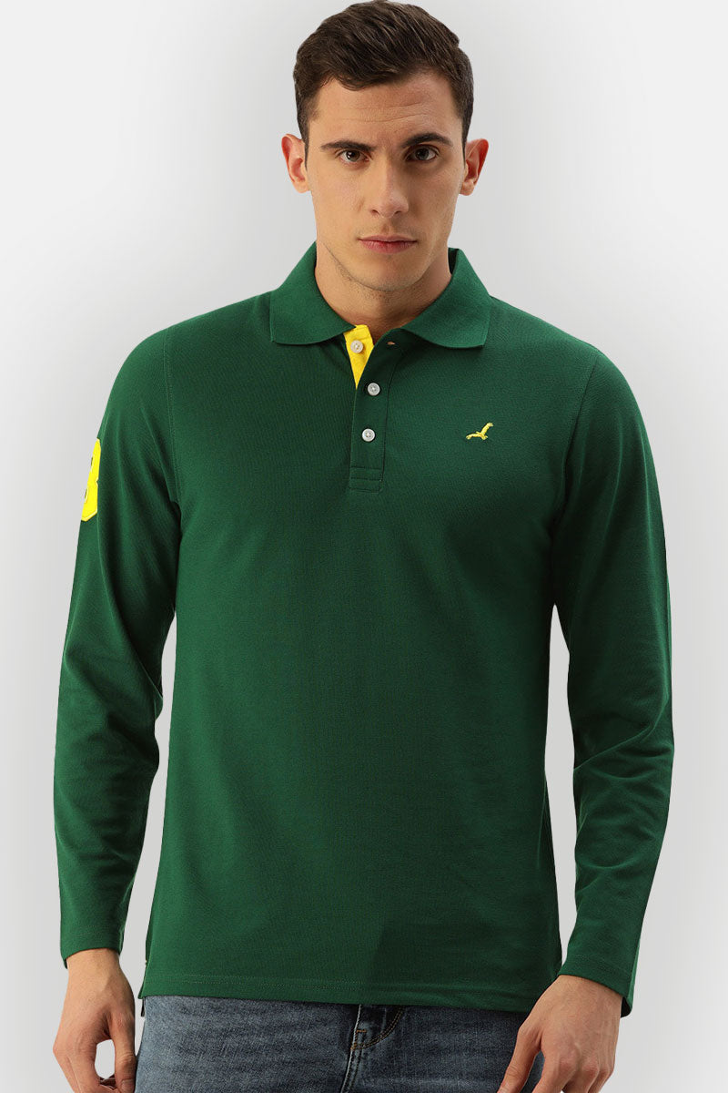 Men's Polo Collar Full Sleeves T-Shirt - Dark Green