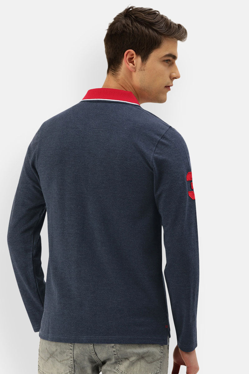 Men's Polo Collar Full Sleeves T-Shirt - Navy Melange