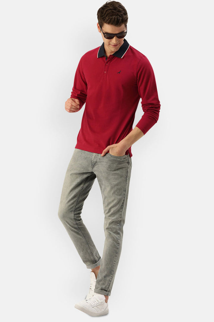 Men's Polo Collar Full Sleeves T-Shirt - Jester Red
