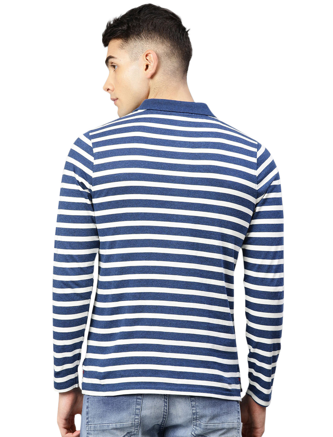 Men's Polo Collar Full Sleeves Yarn Dyed Striped Cotton T-Shirt - Navy / White