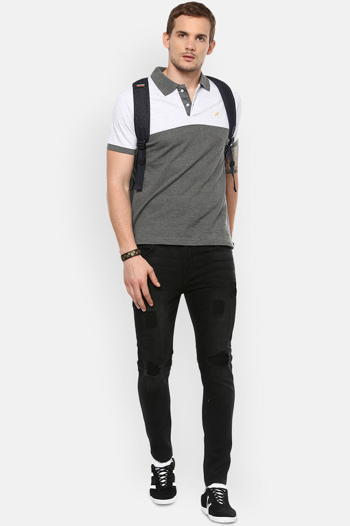 Men's Polo Collar T-Shirt - Ecru Melange & Charcoal Melange