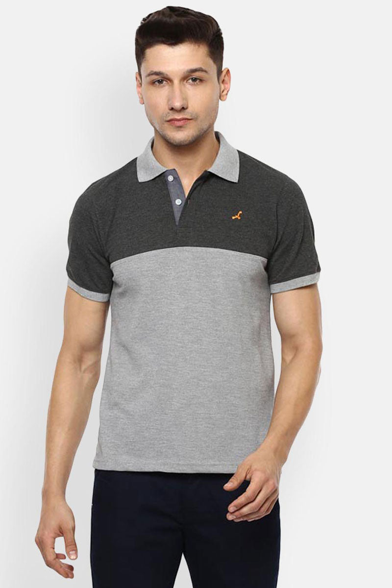 Men's Polo Collar T-Shirt - Grey & Charcoal Melange