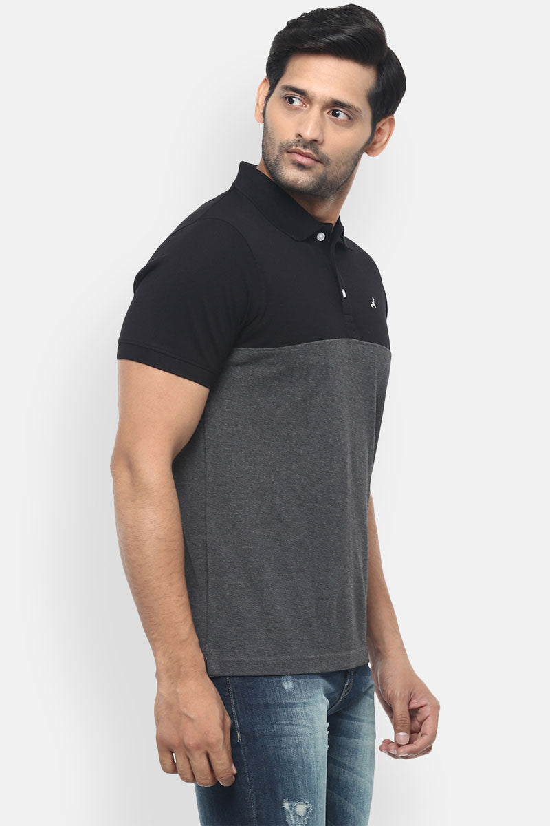 Men's Polo Collar T-Shirt - Black & Charcoal Melange