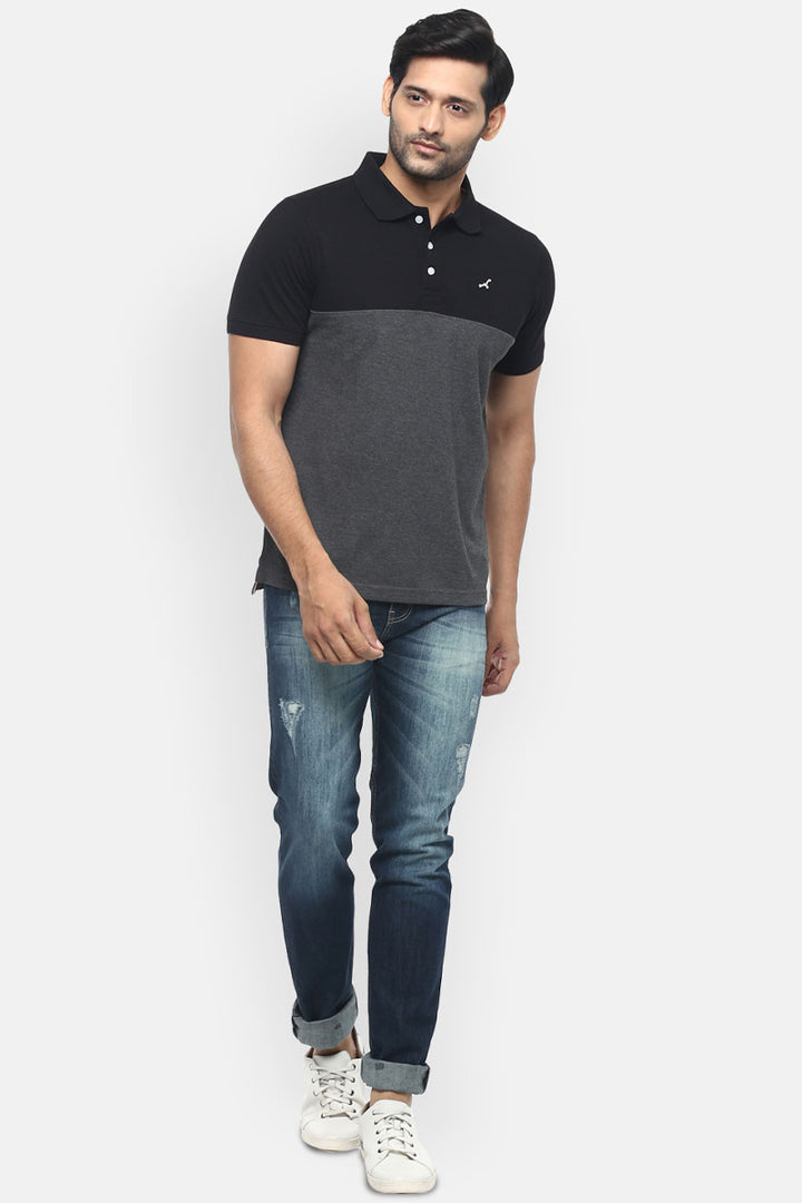 Men's Polo Collar T-Shirt - Black & Charcoal Melange