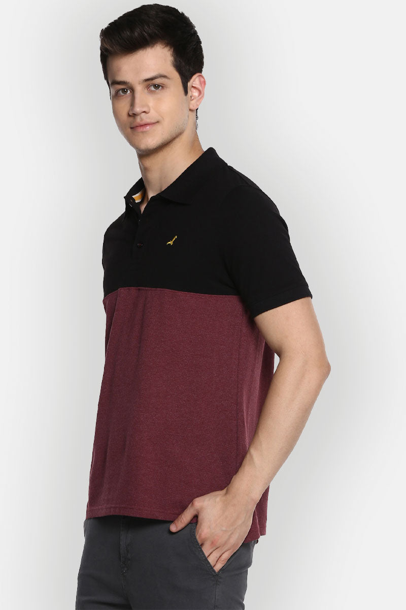 Men's Polo Collar T-Shirt - Black & Burgundy Melange