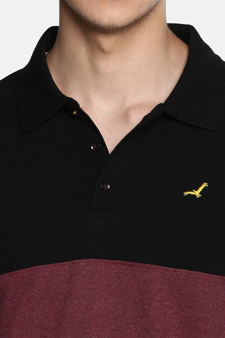 Men's Polo Collar T-Shirt - Black & Burgundy Melange