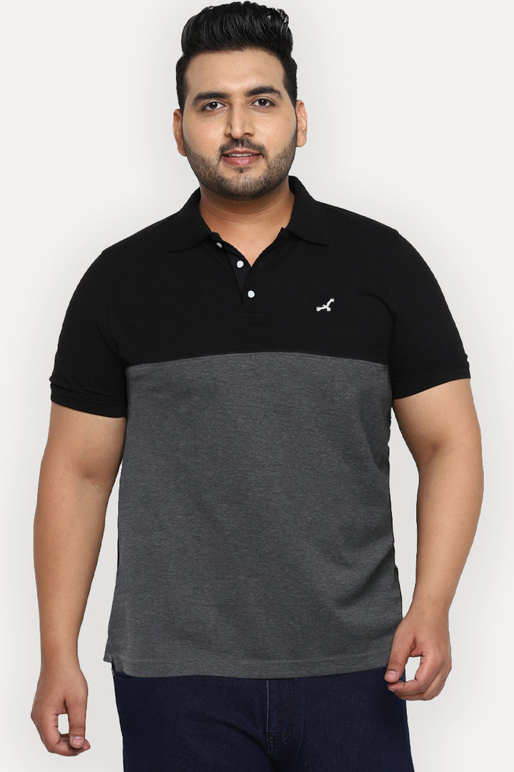 Polo Half Sleeves T-Shirt For Plus Size Men - Black & Charcoal Melange