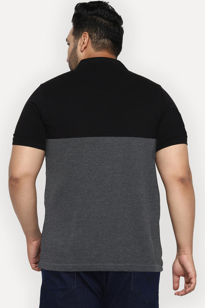 Polo Half Sleeves T-Shirt For Plus Size Men - Black & Charcoal Melange
