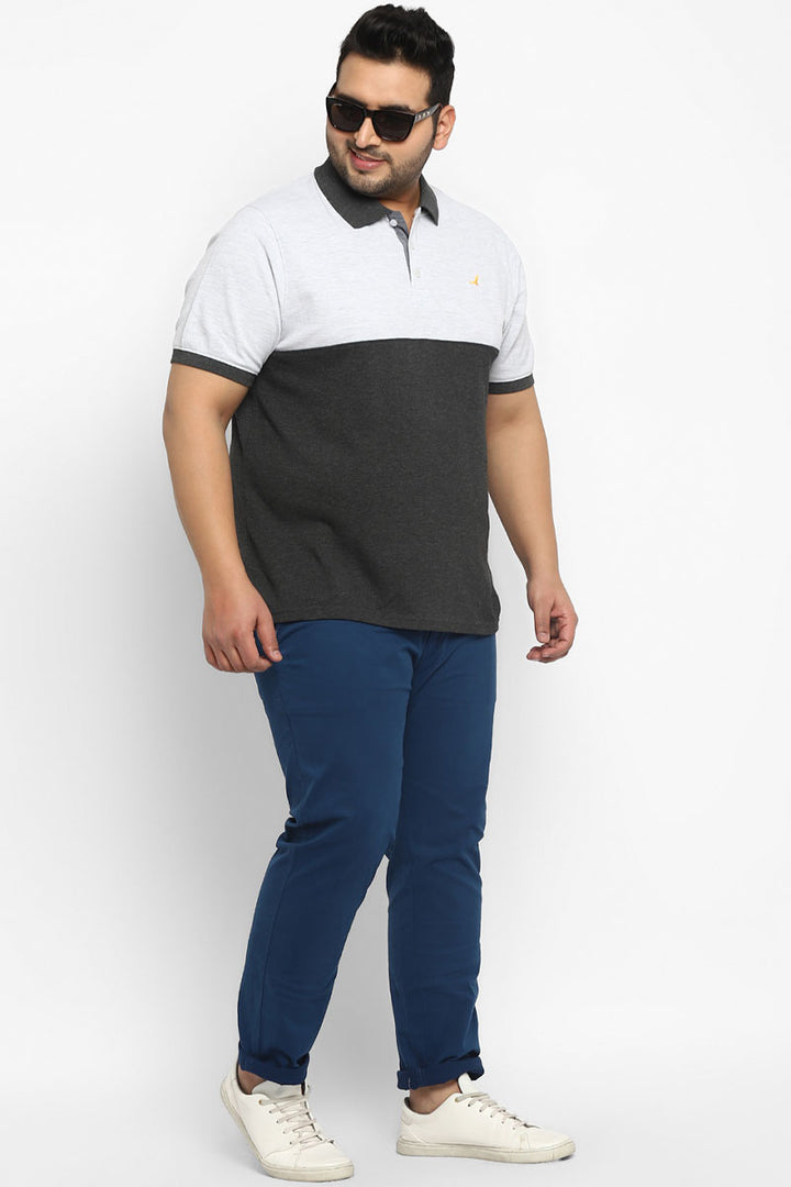 Polo Half Sleeves T-Shirt For Plus Size Men - Ecru & Charcoal Melange
