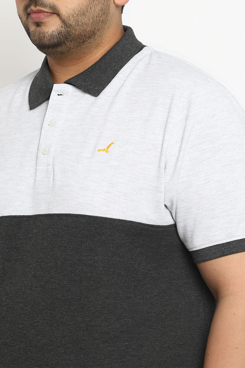 Polo Half Sleeves T-Shirt For Plus Size Men - Ecru & Charcoal Melange