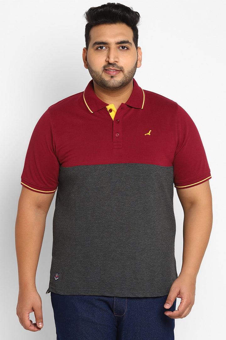 Polo Collar T-Shirt For Plus Size Men - Burgundy & Charcoal Melange