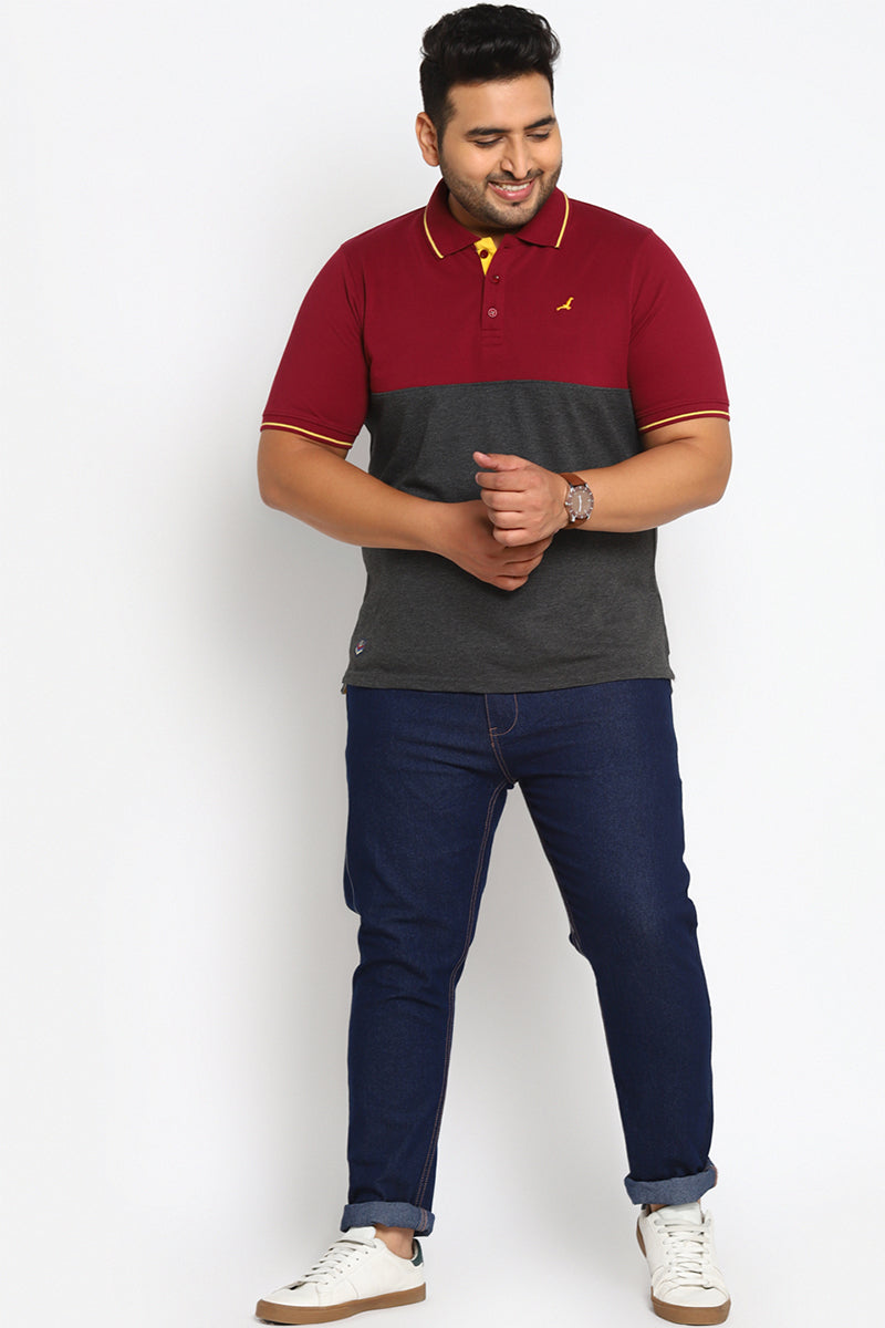 Polo Collar T-Shirt For Plus Size Men - Burgundy & Charcoal Melange
