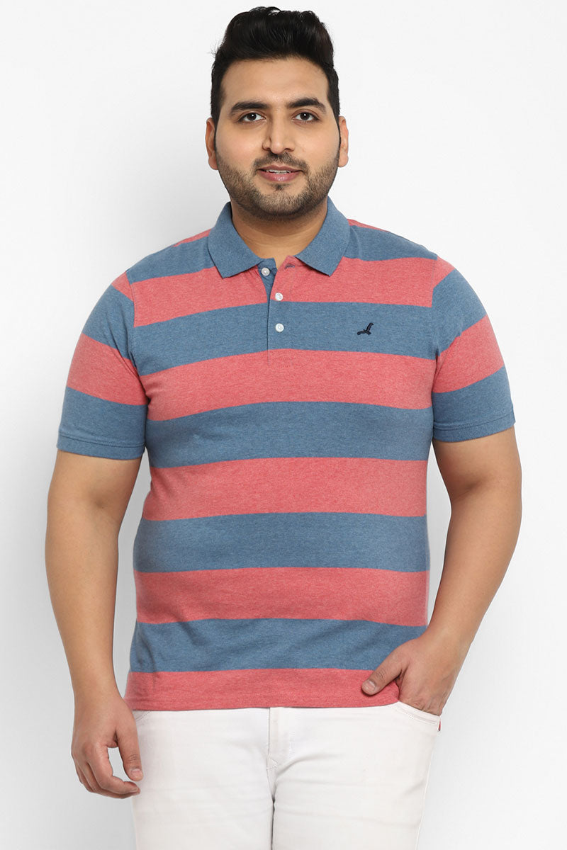 Polo Half Sleeves T-Shirt For Plus Size Men - Red Melange & Blue Melange - 100% Cotton Jersey