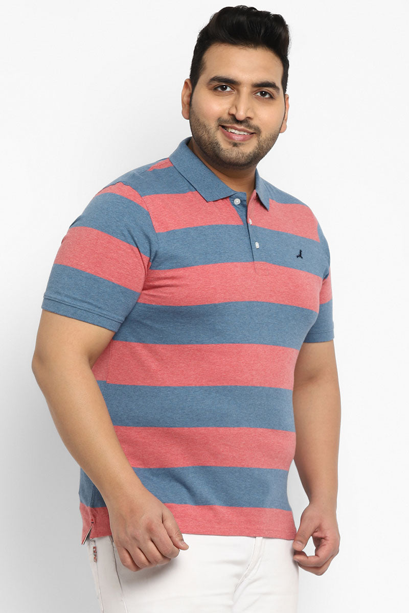 Polo Half Sleeves T-Shirt For Plus Size Men - Red Melange & Blue Melange - 100% Cotton Jersey