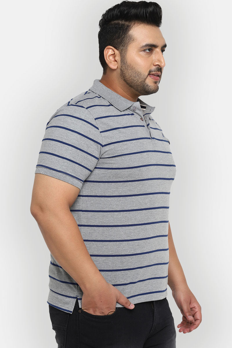 Men's Plus Size Polo Collar Striped T-Shirt - Grey Melange & Navy Blue
